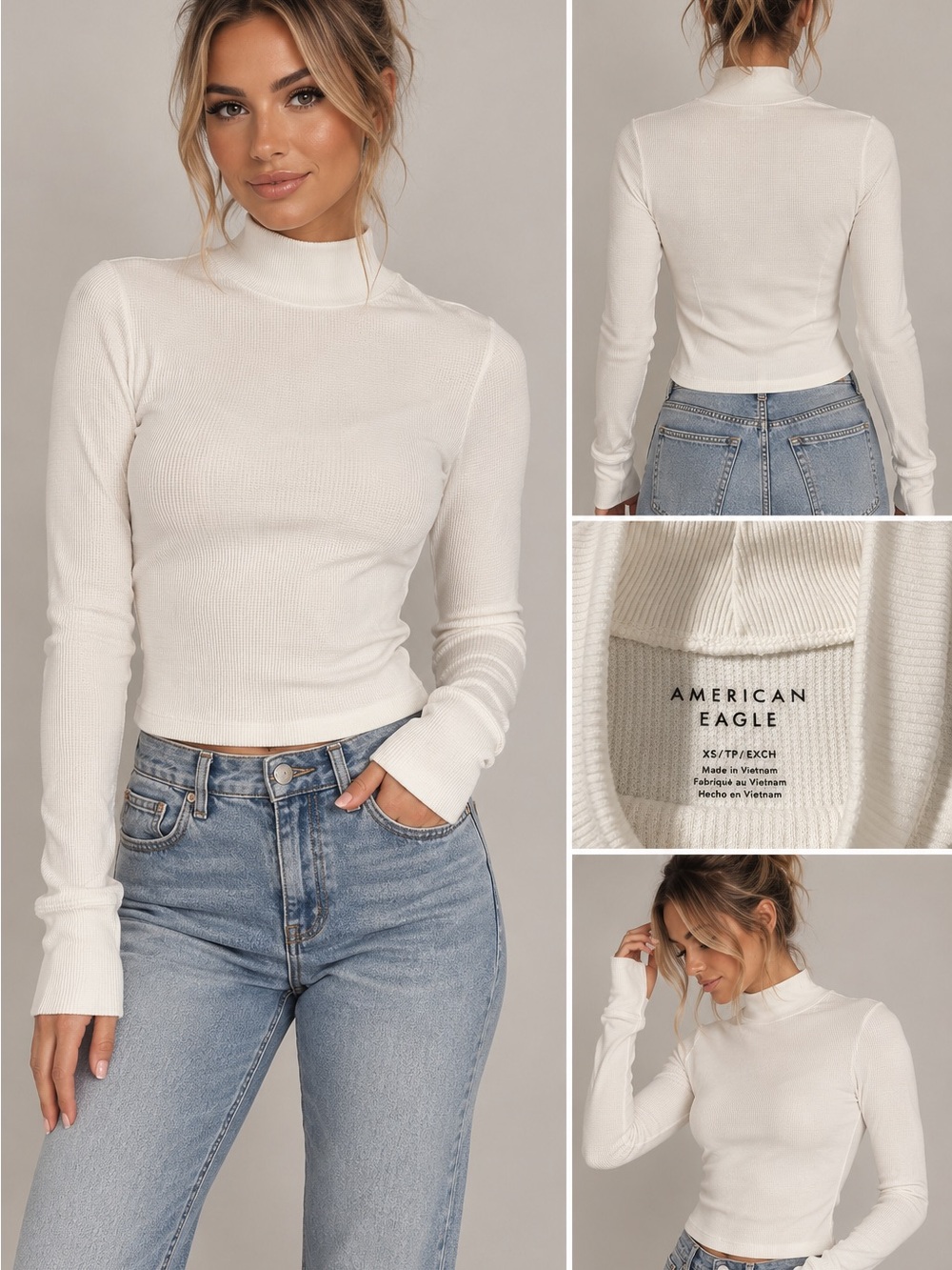 American Eagle Outfitters Cream Ribbed Mockneck Sweater